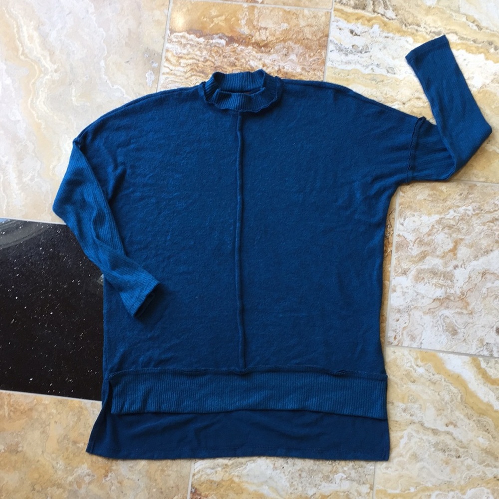 Babeau Jewel teal mock turtleneck inside out trim